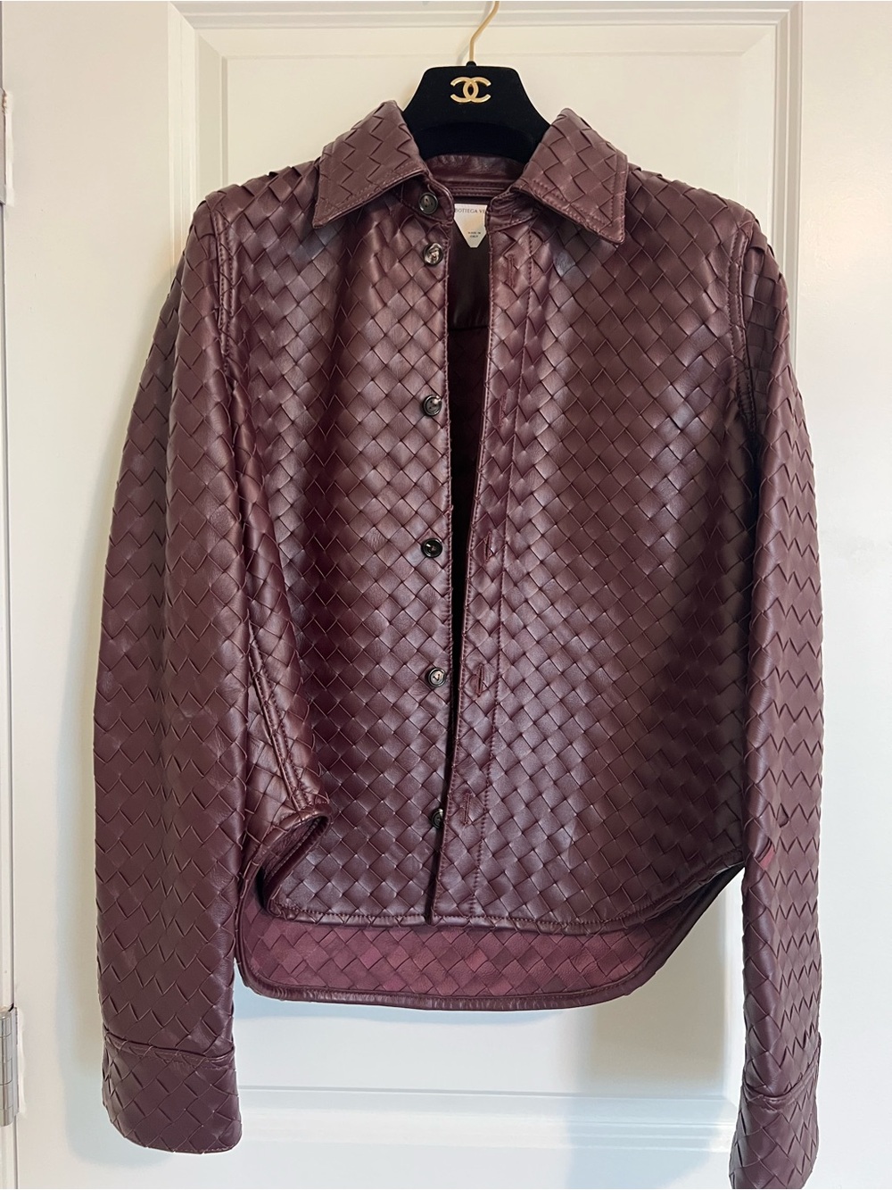 Bottega Veneta Intrecciato Leather Jacket Burgundy Woven Lamb Leather IT 38